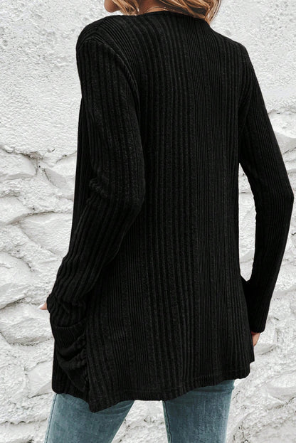 Black Ribbed Open Front Cardigan