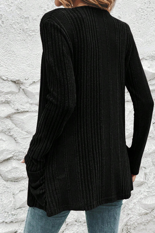 Black Ribbed Open Front Cardigan