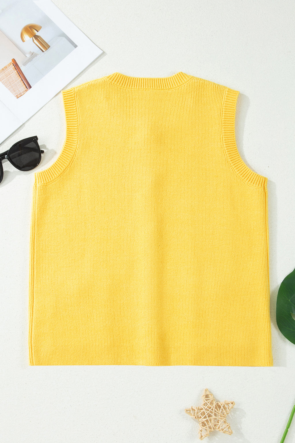 White Solid Color Sleeveless Knit Button Pocketed Sweater