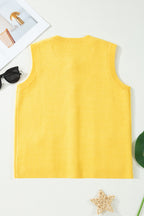 White Solid Color Sleeveless Knit Button Pocketed Sweater