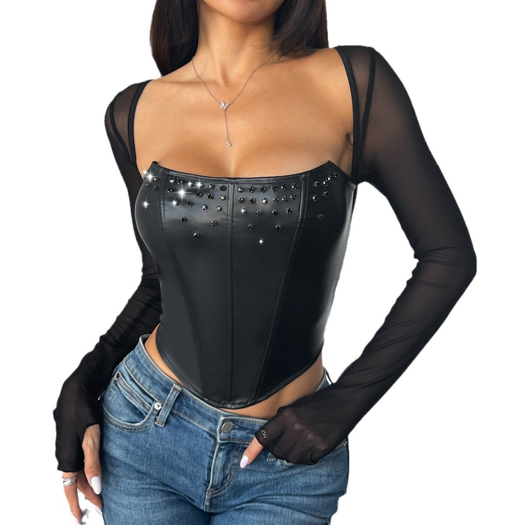 Stylish Top with Mesh Sleeves and Gems