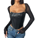 Stylish Top with Mesh Sleeves and Gems