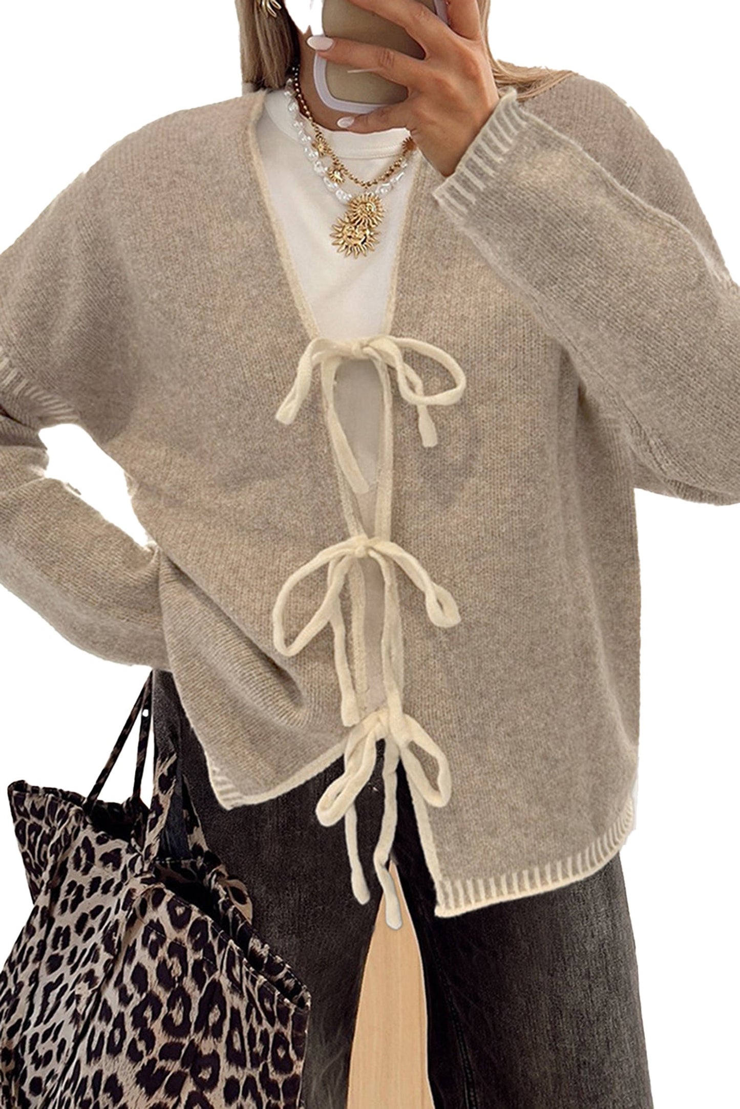 Pale Khaki Tied Front Cardigan