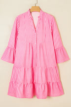 Pink Stripe Flare Sleeve Mini Dress Ruffle