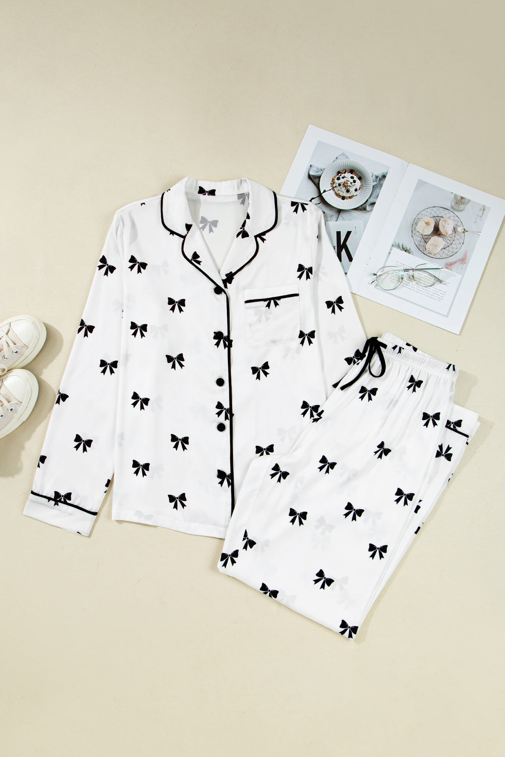 White Bows Print Sleepwear Set