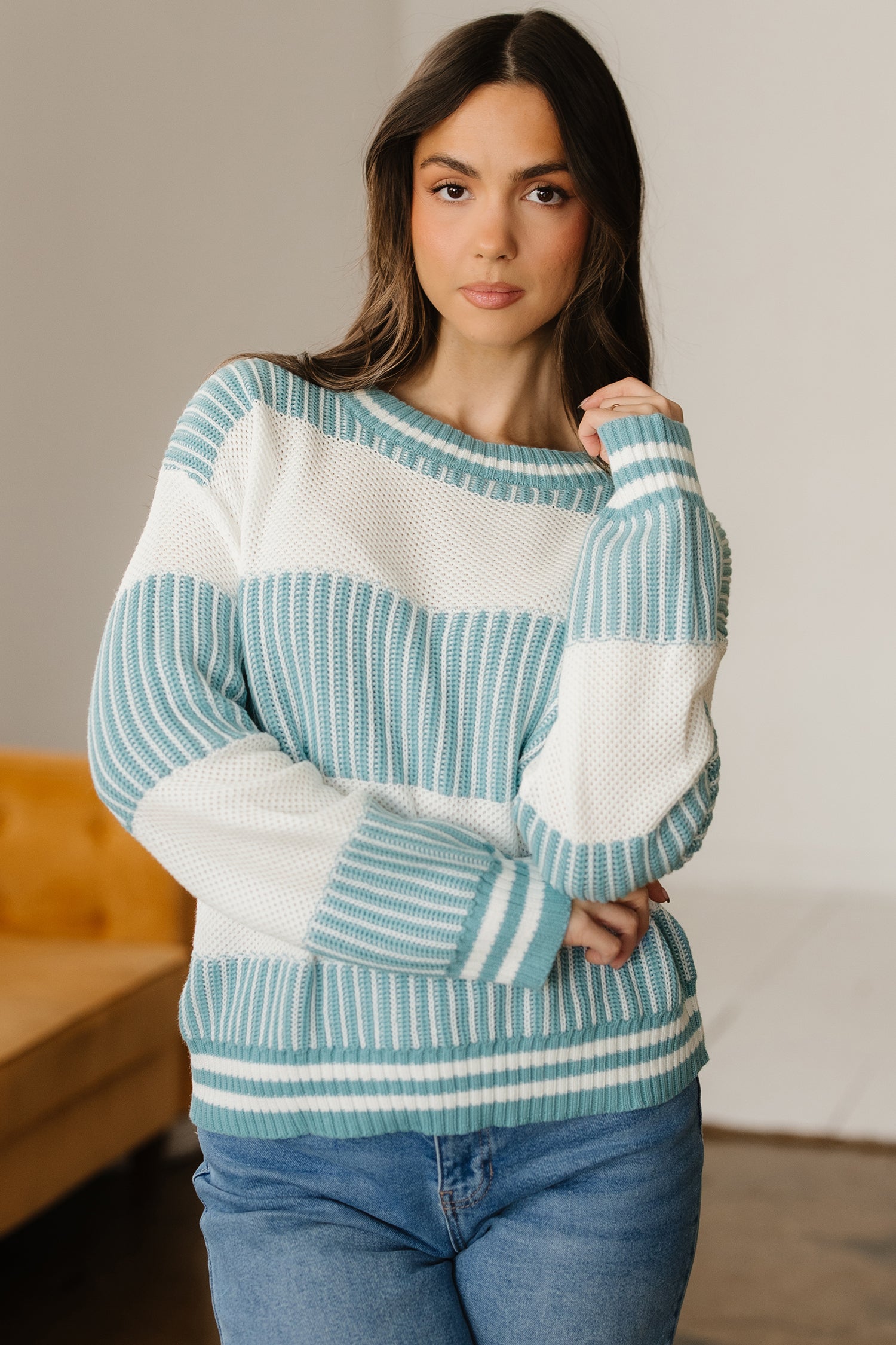 Brown Striped Patchwork Sweater For Trendy Look
