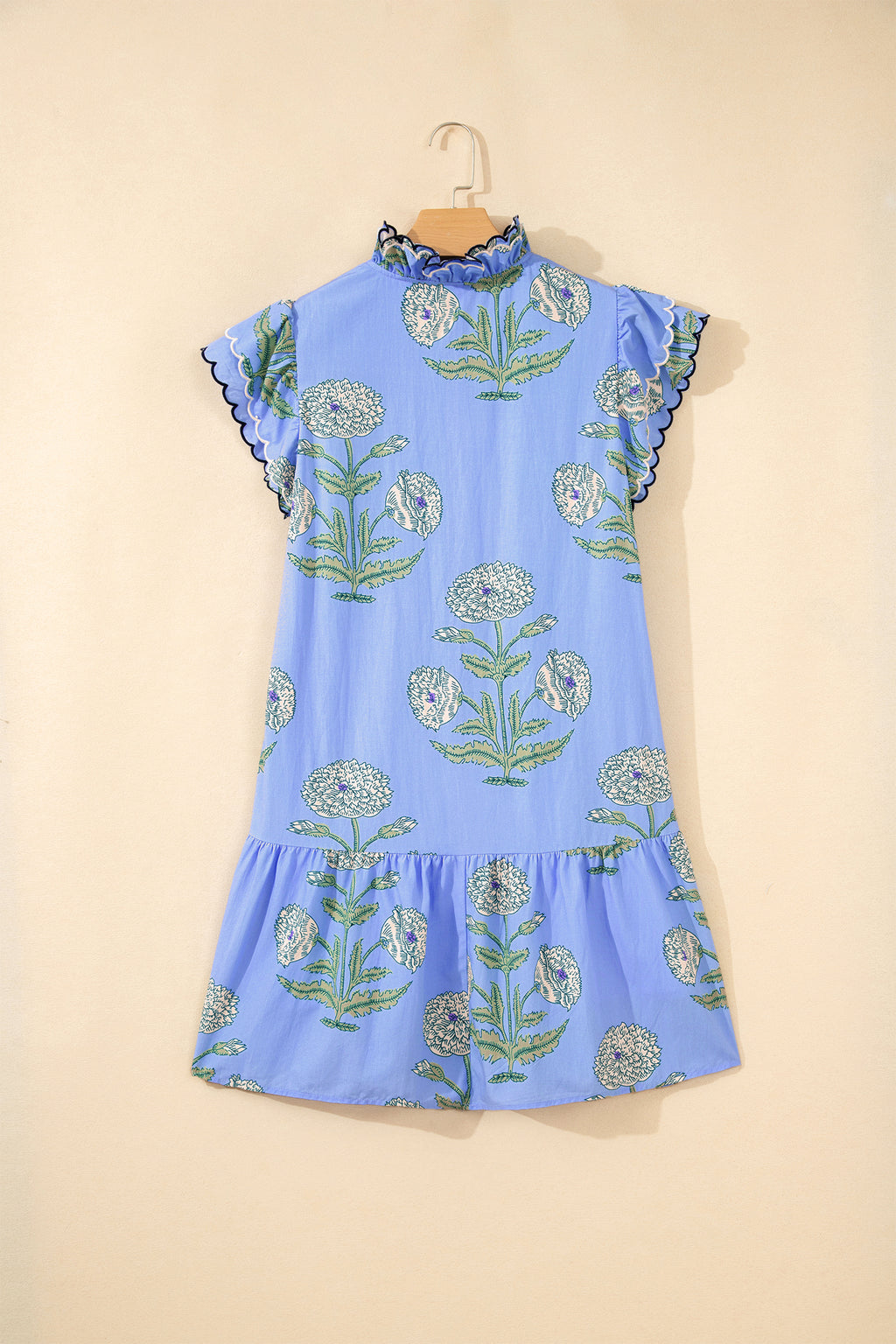 White Wild Floral Print Scalloped Embroidery Trim V Neck Drop Waist Mini Dress