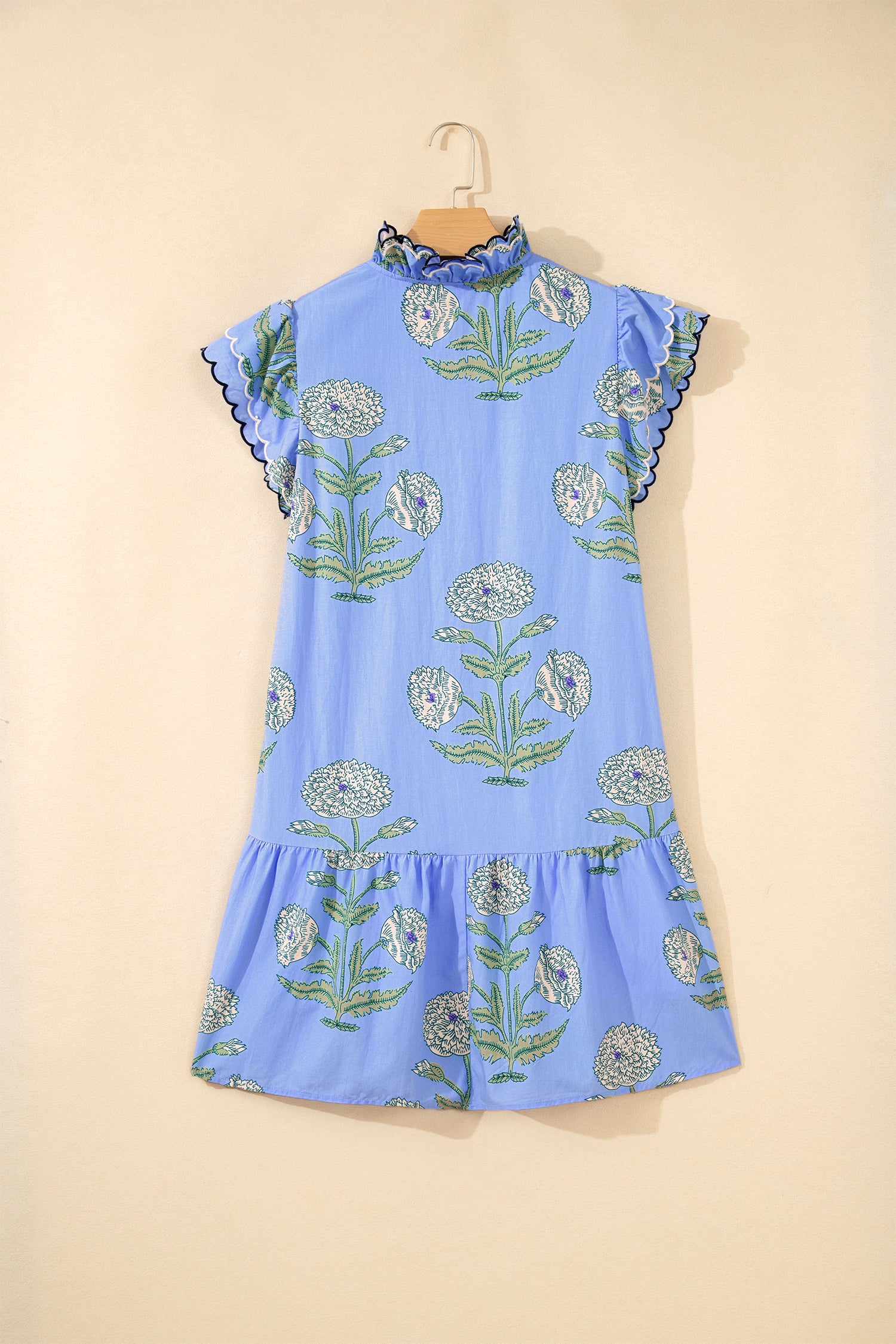 White Wild Floral Print Scalloped Embroidery Trim V Neck Drop Waist Mini Dress