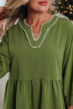 Jungle Green Mini Dress, Flowy Tiered V-Neck