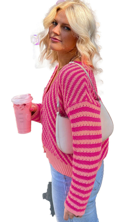 Pink Striped Cardigan For Trendy Style