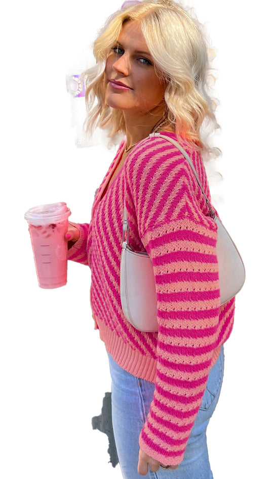 Pink Striped Cardigan For Trendy Style