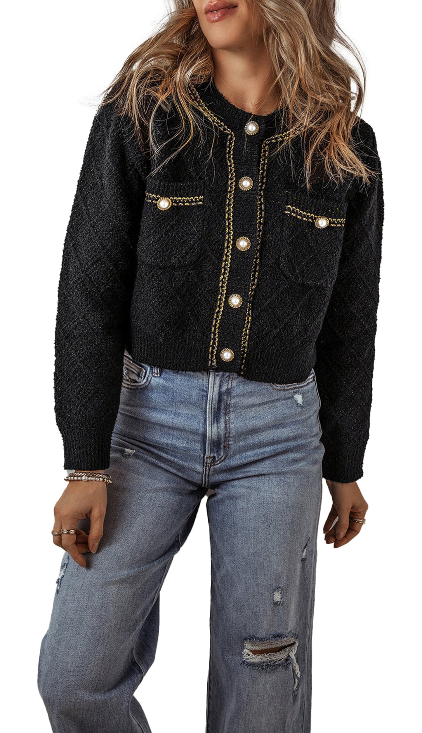 Black Shimmer Cardigan With Pearl Details