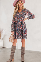Brown Floral Mesh Mini Dress Smocked V-Neck