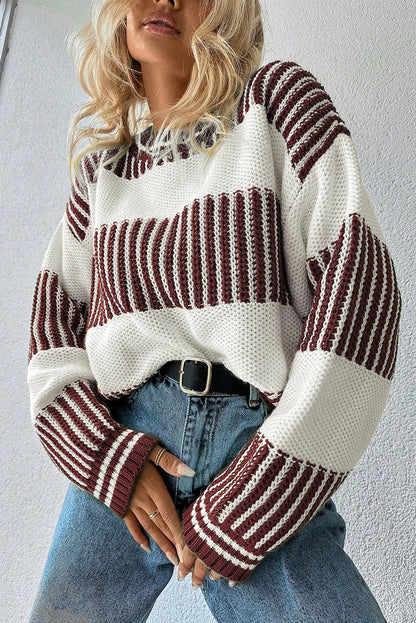 Brown Striped Patchwork Sweater For Trendy Look