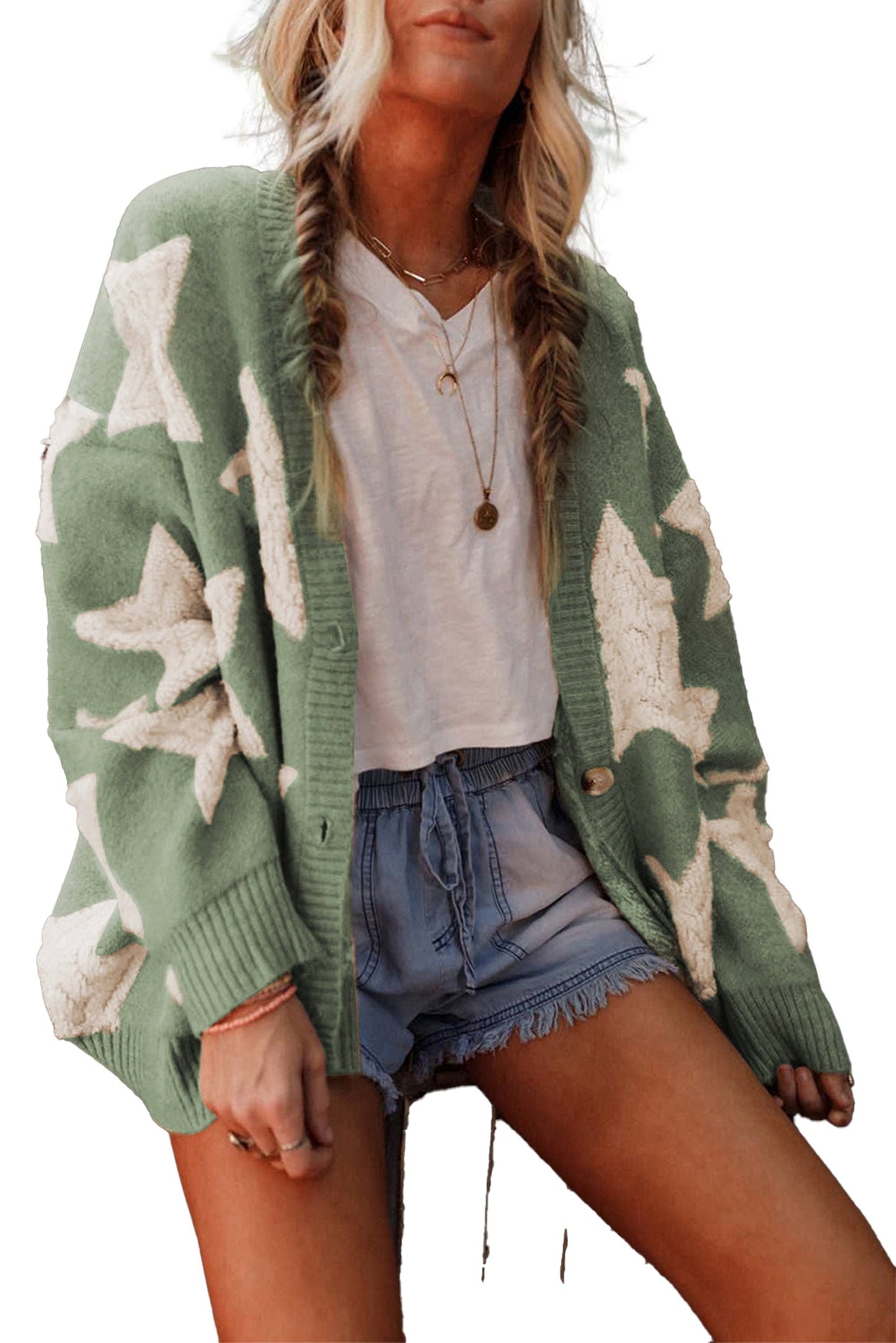 Khaki Star Pattern Sherpa Cardigan