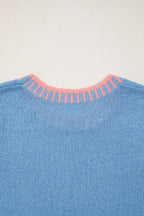 Sky Blue Contrast Trim Round Neck Sleeveless Sweater