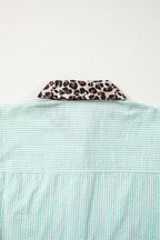 Green Stripe Leopard Contrast Collar Short Sleeve Shirt