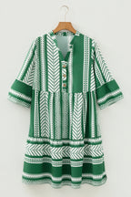 Green Boho Ethnic Print Half Button 3/4 Sleeve Casual Dress