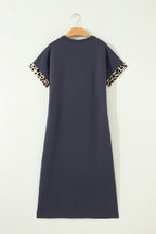 Dark Grey Contrast Leopard Bow Patched Short Sleeve T Shirt Long Dress