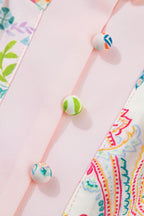 Pink Boho Floral Print Color Block Trim Half Button Belted Mini Dress