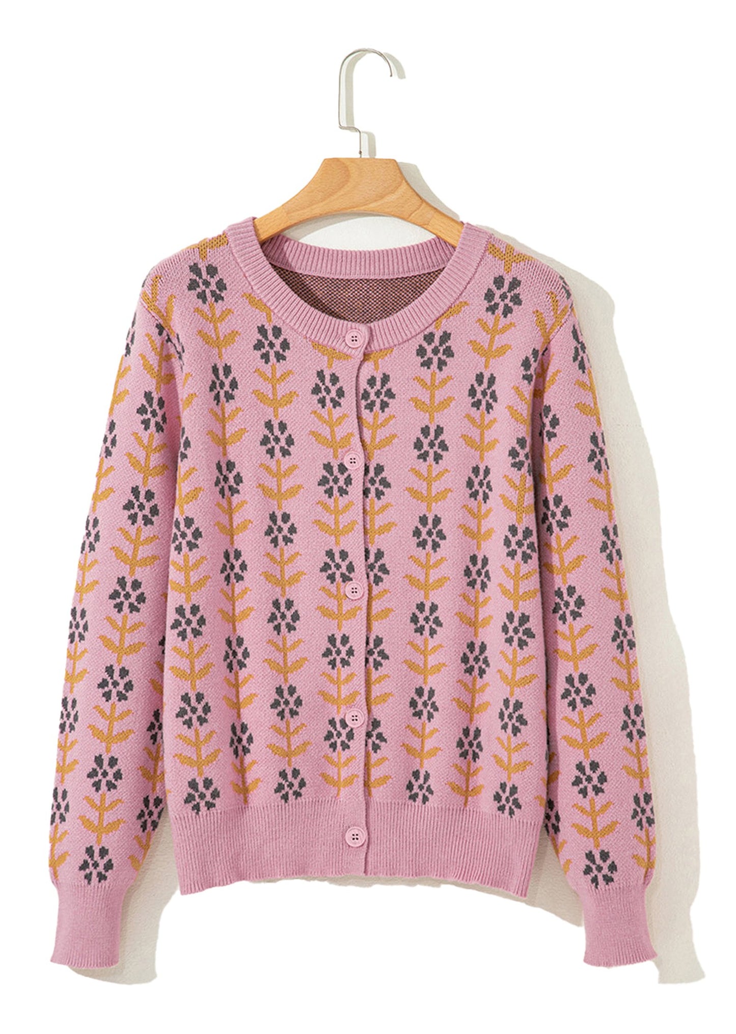 Pink Floral Cardigan Sweater For Women
