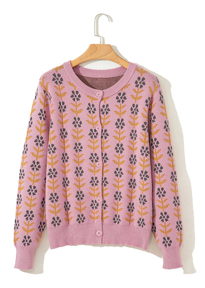 Pink Floral Cardigan Sweater For Women
