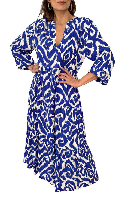 Orange Geometric Maxi Dress, Flowy Boho Tiered