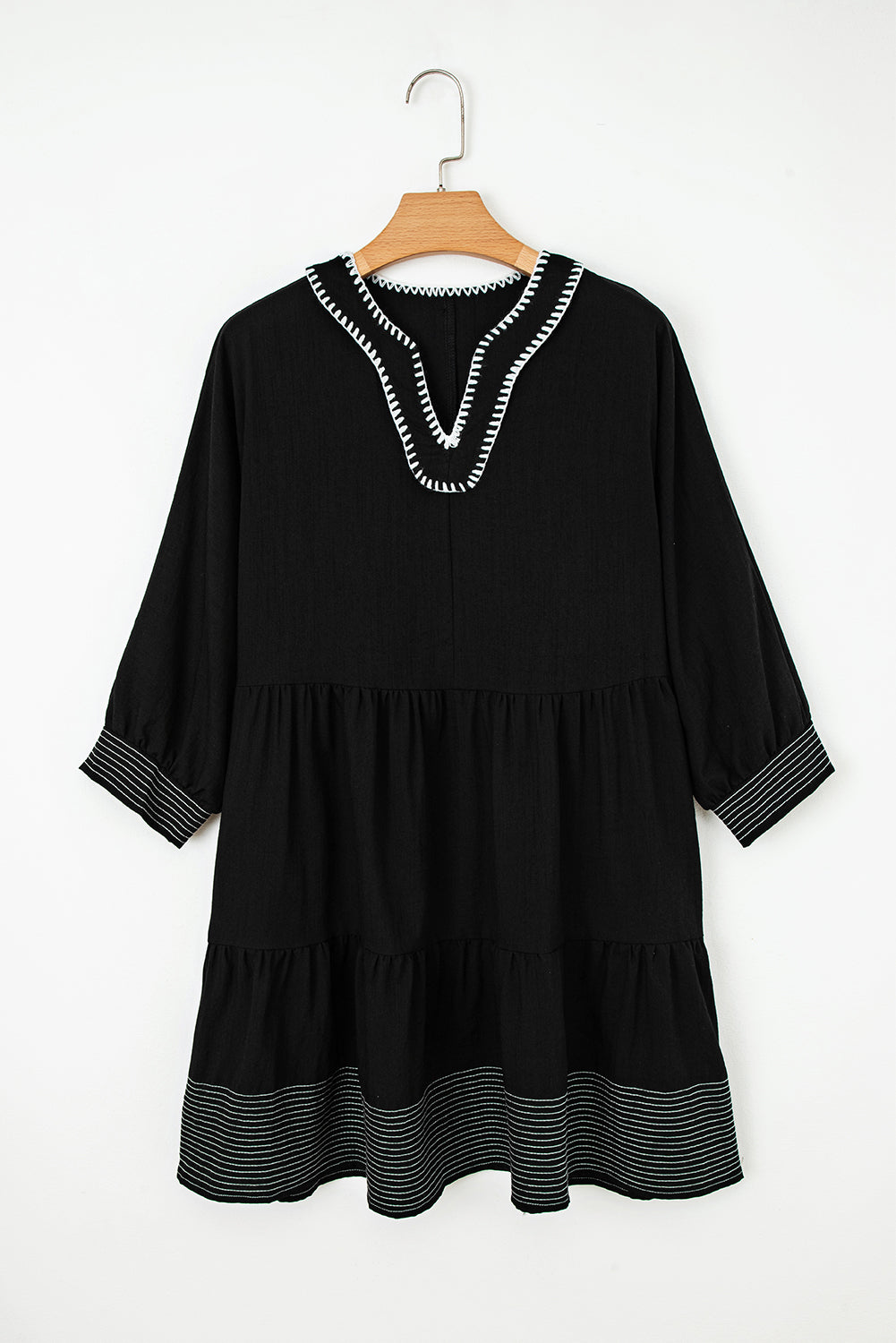 Black Contrast Stitch Mini Dress Tiered V-Neck