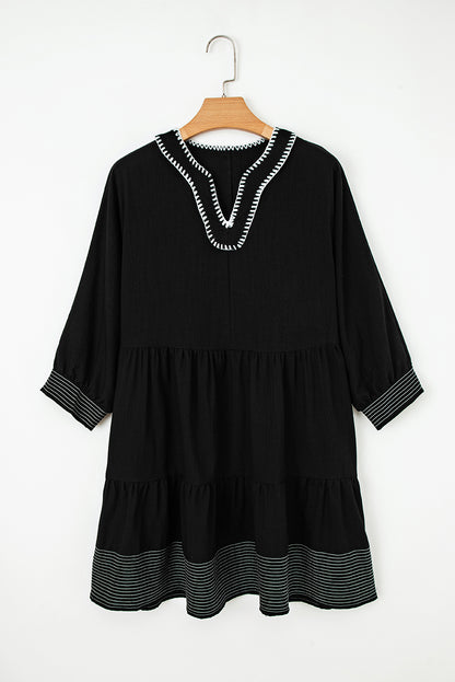 Black Contrast Stitch Mini Dress Tiered V-Neck