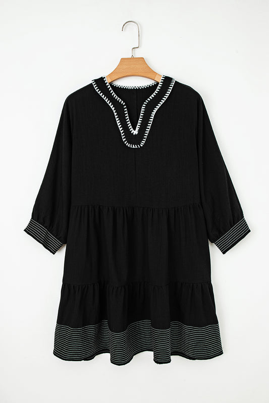 Black Contrast Stitch Mini Dress Tiered V-Neck