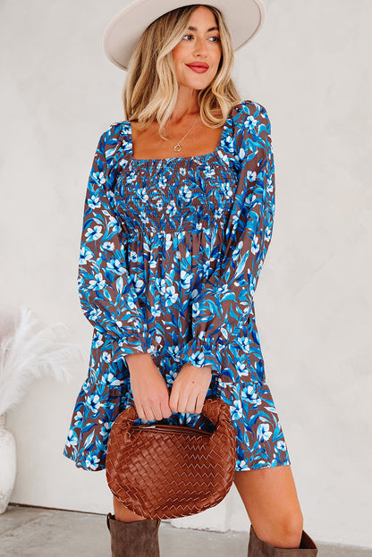 Blue Floral Smocked Dress Puff Sleeve Mini