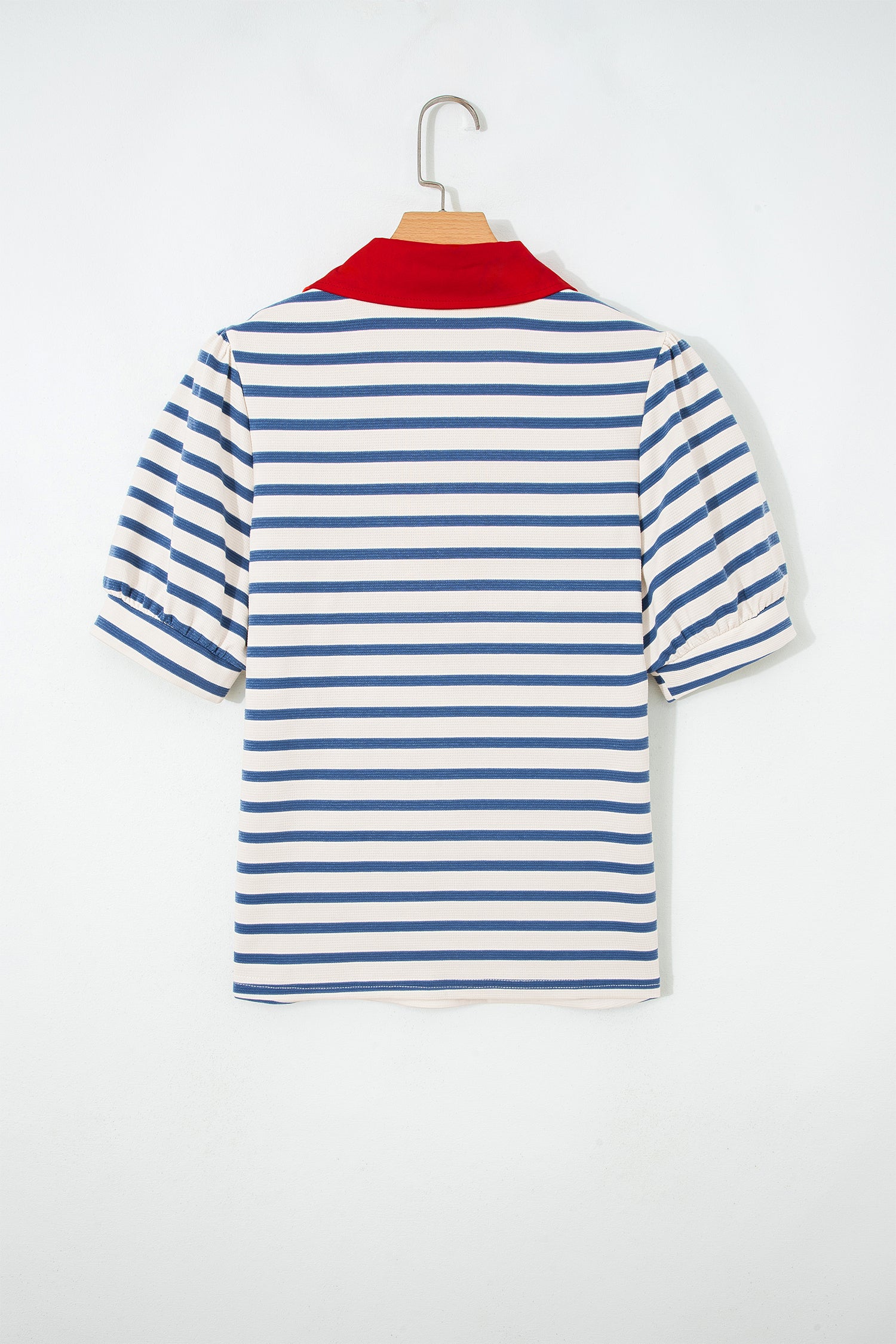 Blue Stripe Short Puff Sleeve Color Block Polo Collar Blouse