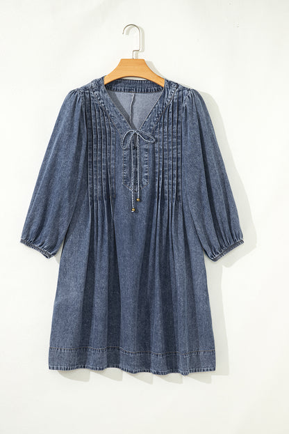 Denim Mini Dress With Tie Neck Long Sleeve