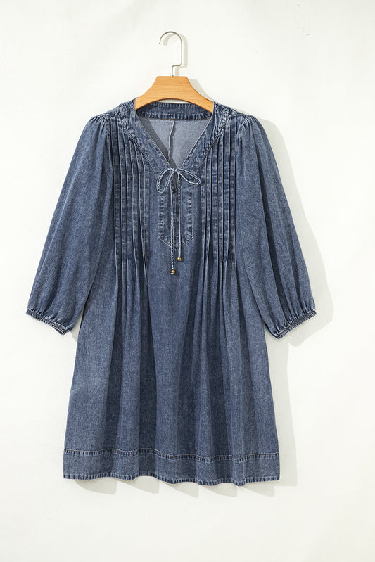 Denim Mini Dress With Tie Neck Long Sleeve