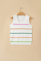 White Stripe Round Neck Knitted Sweater Tank