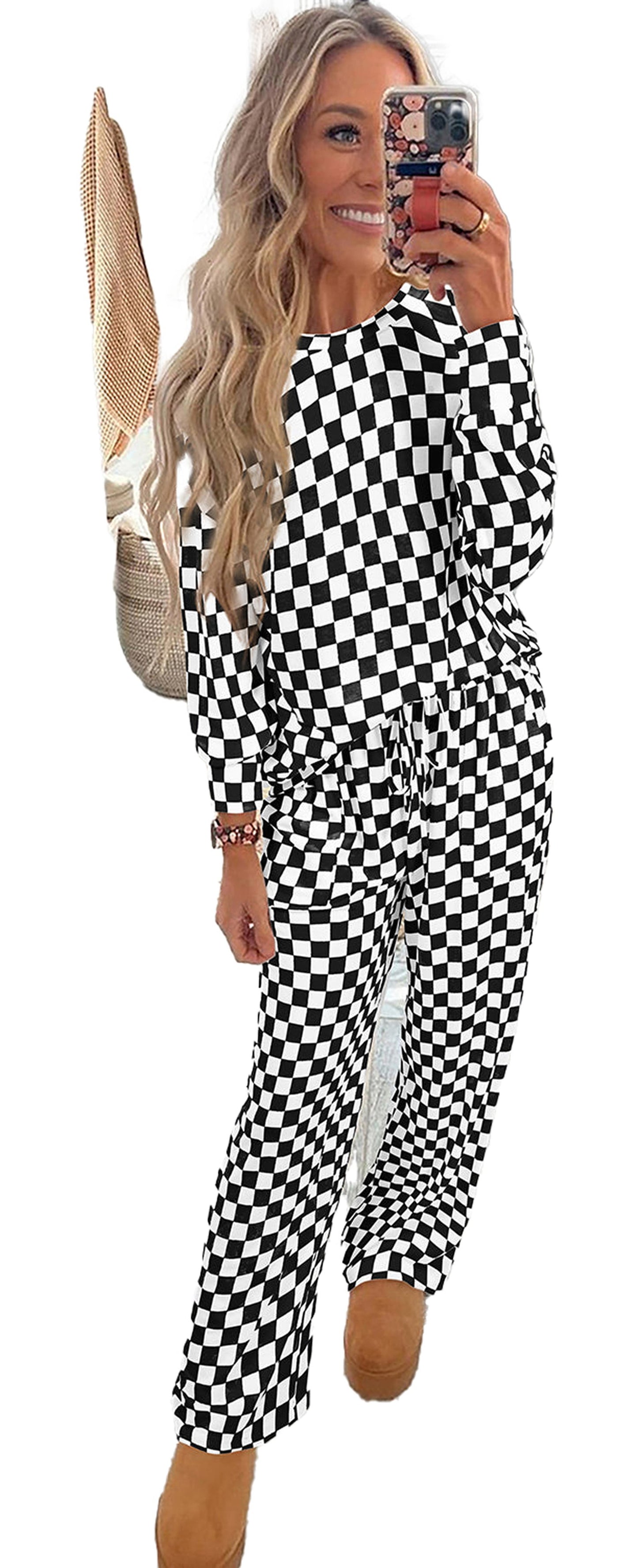 Beige Checkered Lounge Set For Cozy Comfort