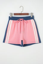 Pink Color Block Patchwork Varsity Striped Detail Drawstring Elastic Waist Shorts