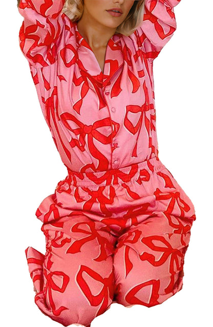 Pink Bow Print Pajama Set For Cozy Nights