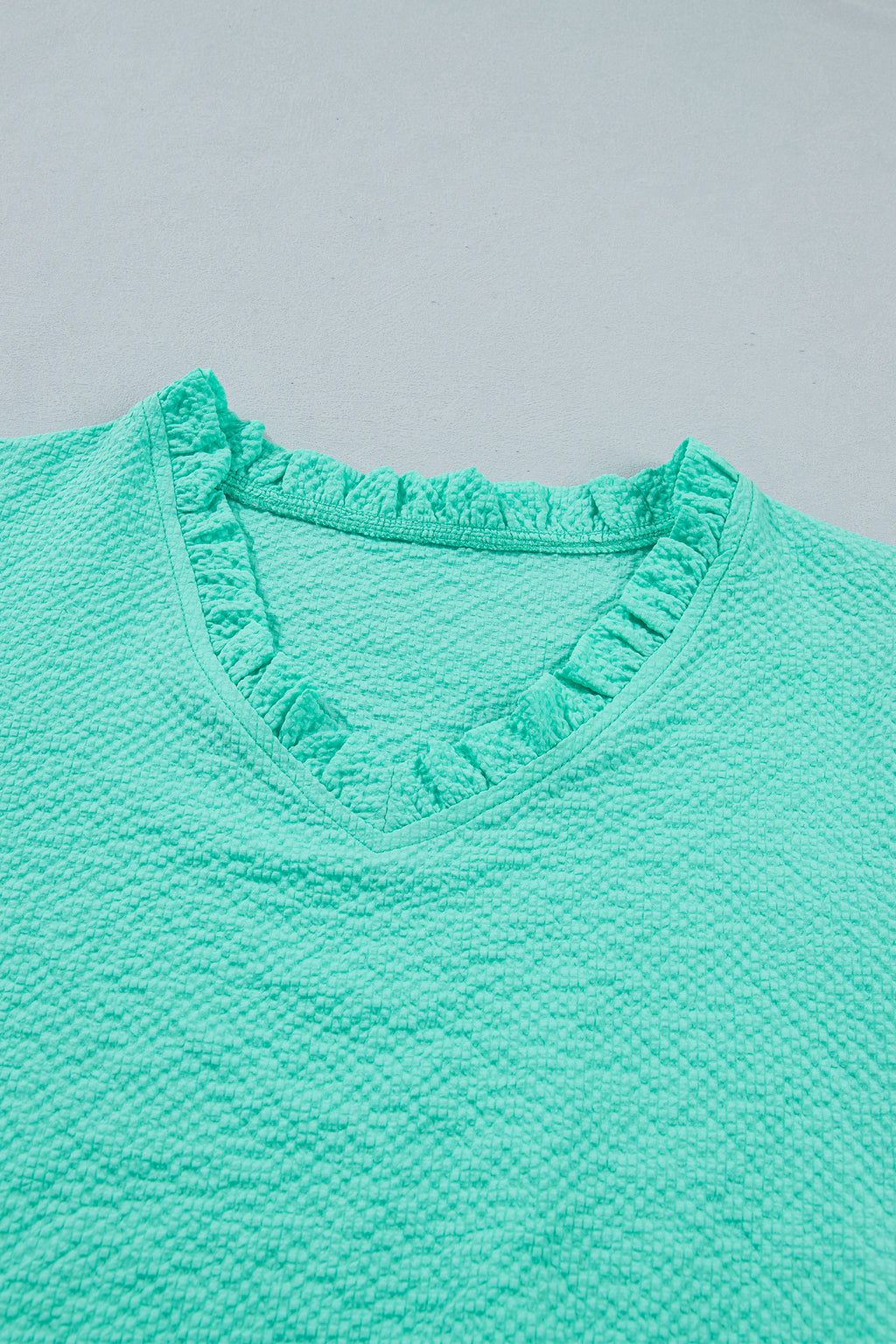 Mint Green Frilled V Neck Flower Embroidered Puff Sleeve Textured Blouse