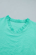 Mint Green Frilled V Neck Flower Embroidered Puff Sleeve Textured Blouse