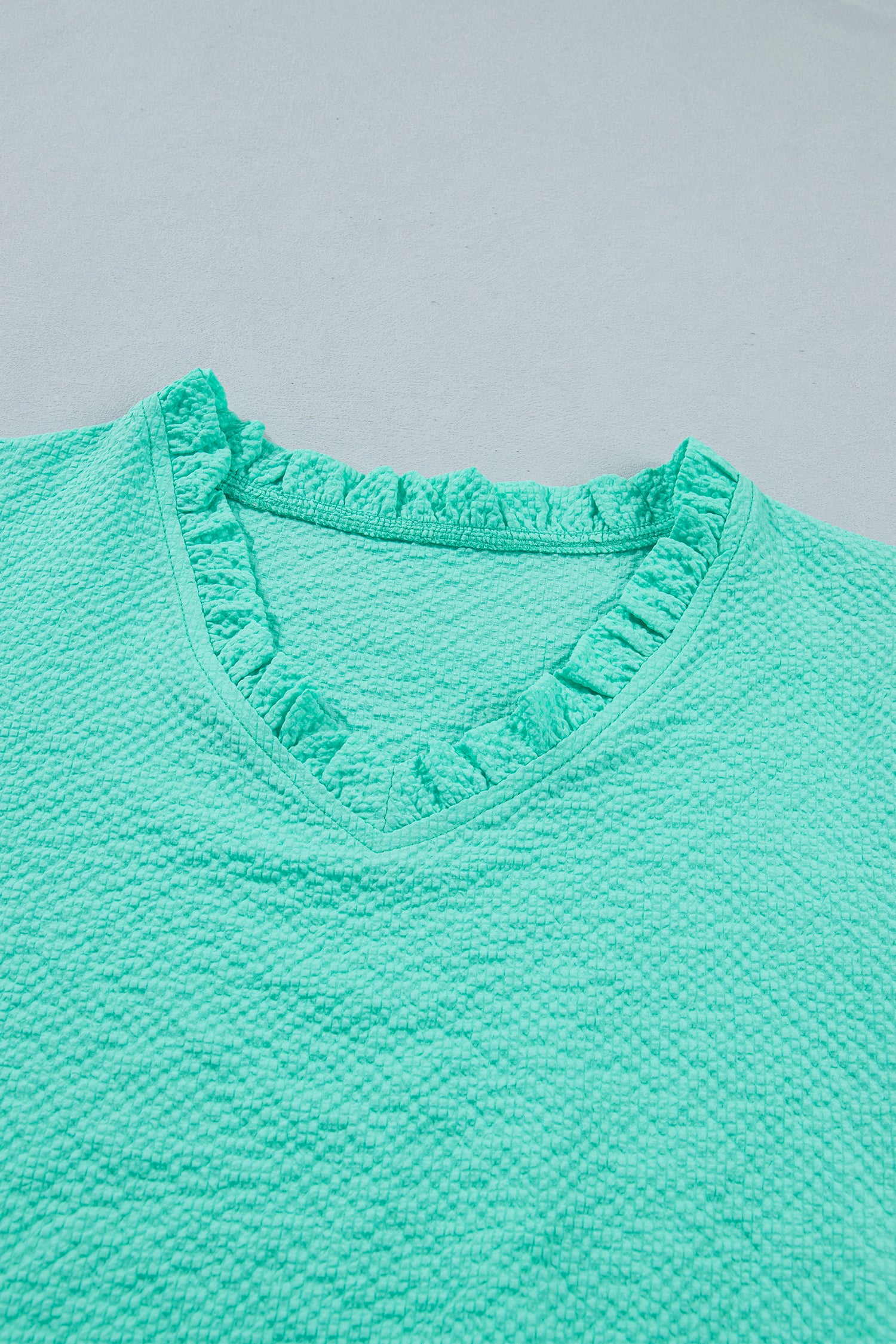 Mint Green Frilled V Neck Flower Embroidered Puff Sleeve Textured Blouse