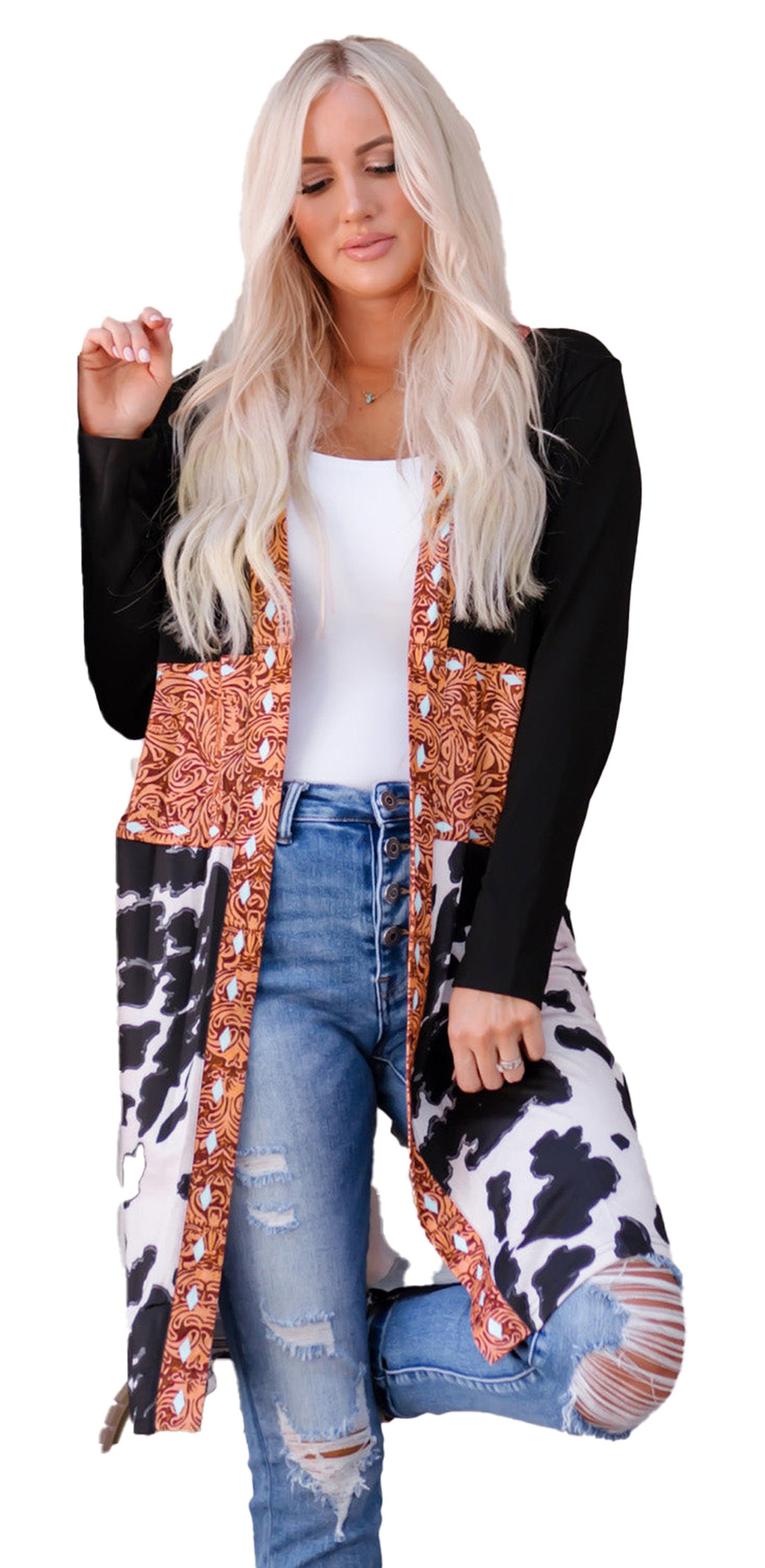Black Western Cow Print Cardigan