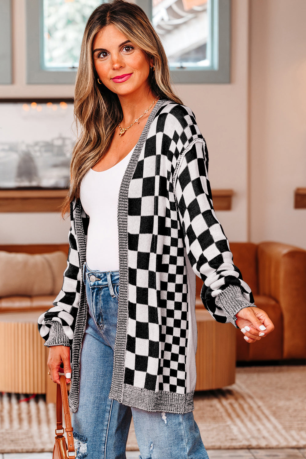 Black Checkered Cardigan For Trendy Style