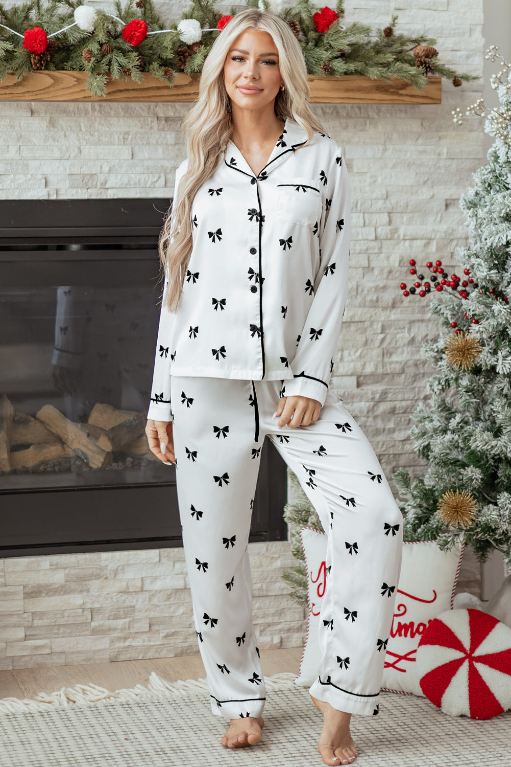 White Bows Print Sleepwear Set