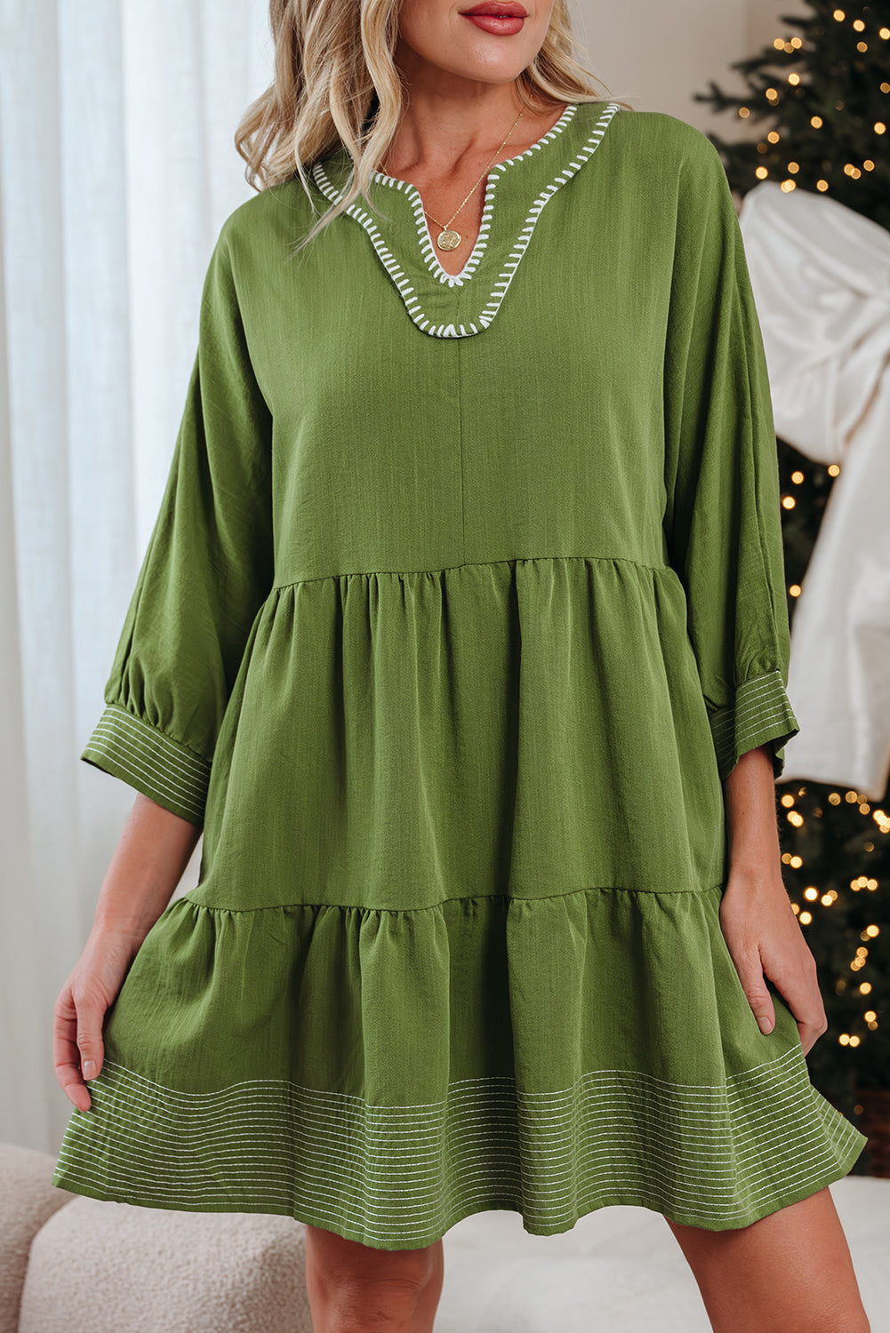 Jungle Green Mini Dress, Flowy Tiered V-Neck