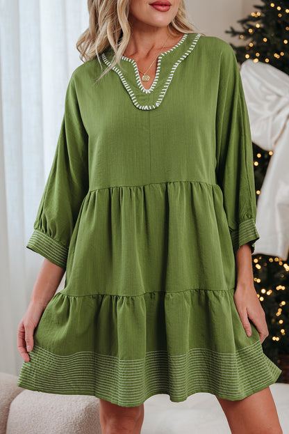 Jungle Green Mini Dress, Flowy Tiered V-Neck