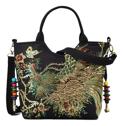 Wo's Embroidered Satchel Bag - Retro Double Handle Handbag with