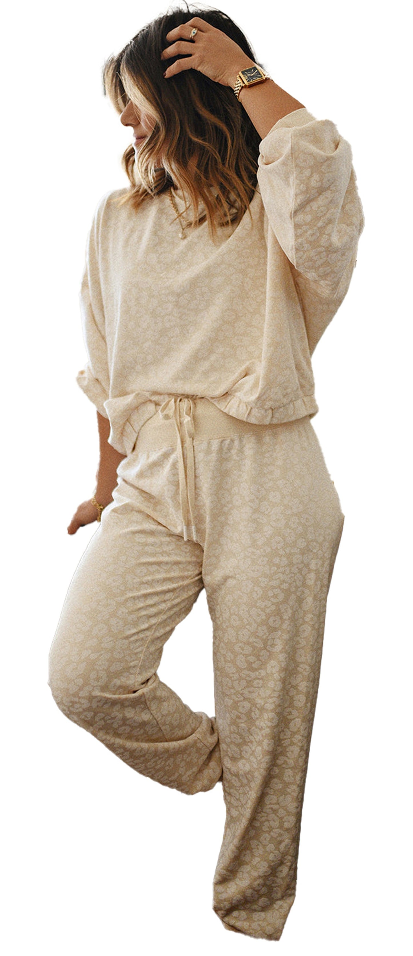 White Cheetah Print Loungewear Set