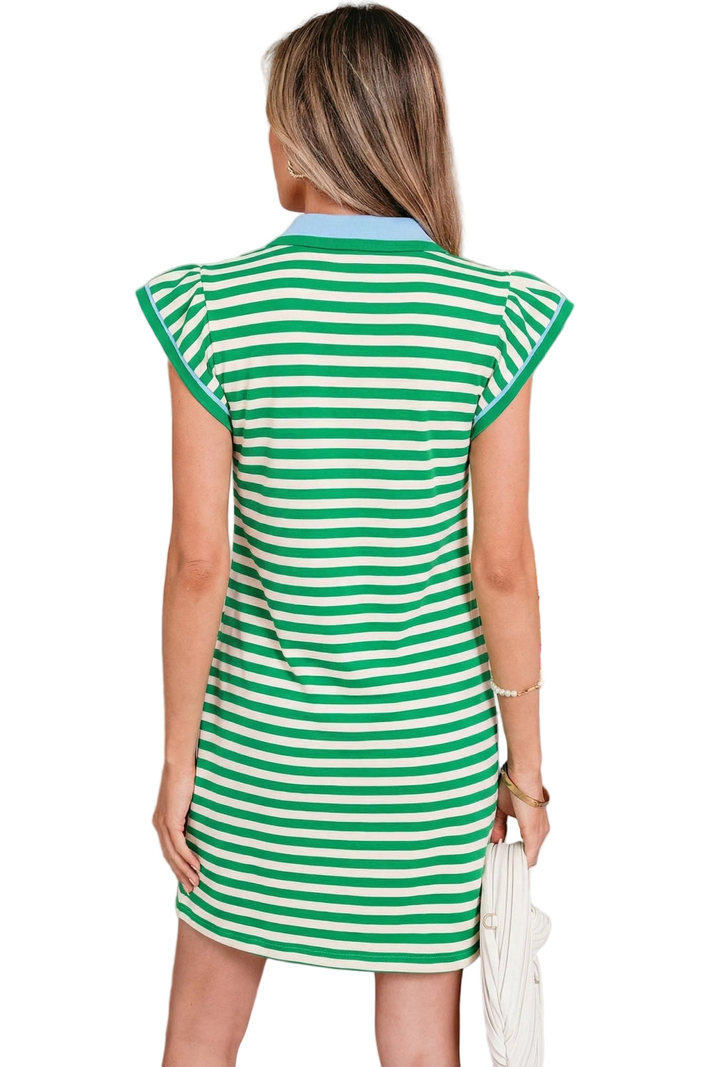 Green Stripe Flutter Sleeve Dress, V-Neck