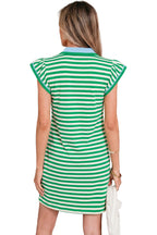 Green Stripe Flutter Sleeve Dress, V-Neck